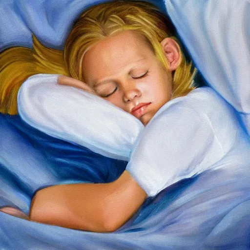 Image similar to an oil painting of a young boy with long blonde hair sleeping in bed with a checkered comforter