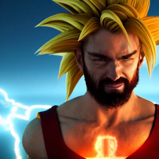 Image similar to jesus Christ as super saiyan, lightning in the sky, glowing, highly detailed, focus, photorealistic, cryengine