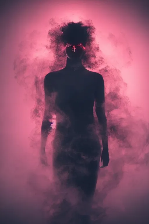 Image similar to a woman made entirely of black smoke, dancing, atmospheric, octane render, red lighting, soft lighting, volumetric light