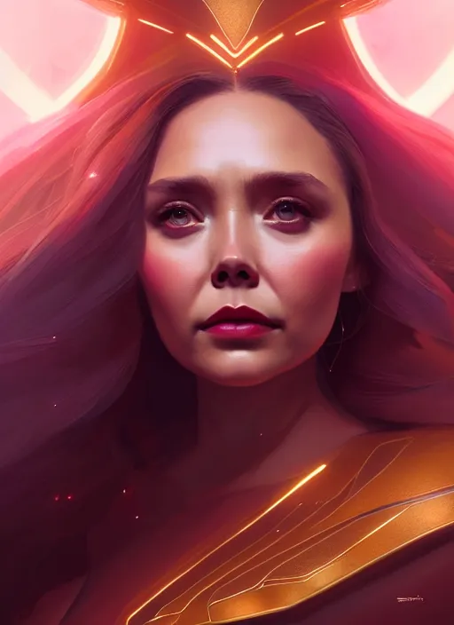 Image similar to portrait of modern darna, elizabeth olsen, intricate, elegant, glowing lights, highly detailed, digital painting, artstation, glamor pose, concept art, smooth, sharp focus, illustration, art by wlop, mars ravelo and greg rutkowski