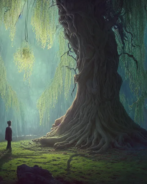 Image similar to highly detailed surreal vfx portrait of a cursed object in a shadowy forest by a willow tree, stephen bliss, unreal engine, greg rutkowski, loish, rhads, beeple, makoto shinkai and lois van baarle, ilya kuvshinov, rossdraws, tom bagshaw, alphonse mucha, global illumination, detailed and intricate environment