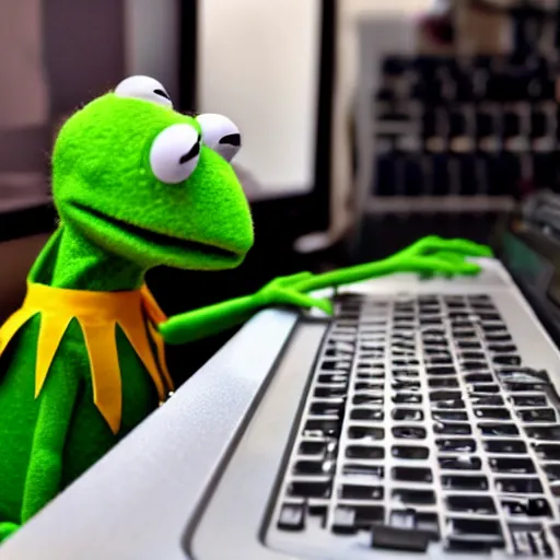 Image similar to kermit the frog furiously typing on a computer