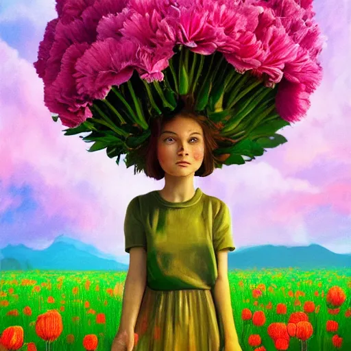 Image similar to giant carnation flower head and face, girl in a flower field, surreal photography, sunrise dramatic light, impressionist painting, colorful clouds, digital painting, artstation, simon stalenhag, flower face