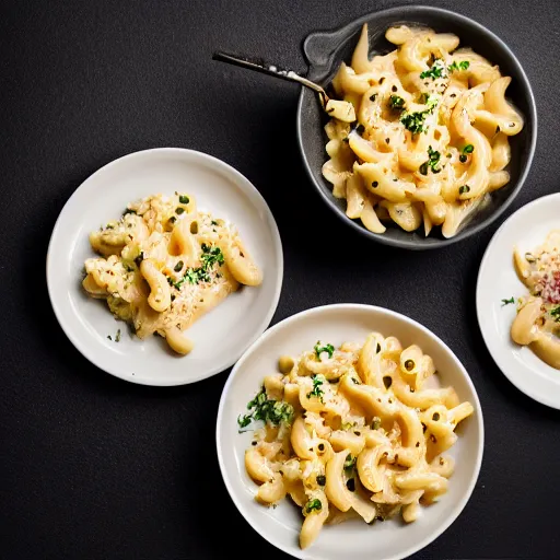 Image similar to tuna mac and cheese food photography black background soft focus in the style of Alan De Herrera