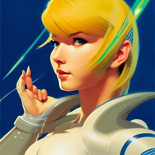 Image similar to head and shoulders portrait of Zero Suit Samus, illustration, medium shot, intricate, elegant, highly detailed, digital art, sharp lines, ffffound, art by Gil Elvgren and Fernanda Suarez and Greg Manchess and Sachin Teng