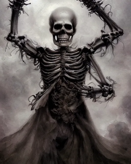 Prompt: ghostly skeletons wreathed in dark smoke dancing, scenic full shot, ambient lighting, detailed face, by alan lee, rembrandt, stanley artgerm lau