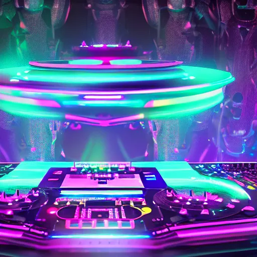 Prompt: hyper-futuristic hologram dj rave from the future. huge music festival. wall of sound. photorealistic 35mm 4k, trending on artstation
