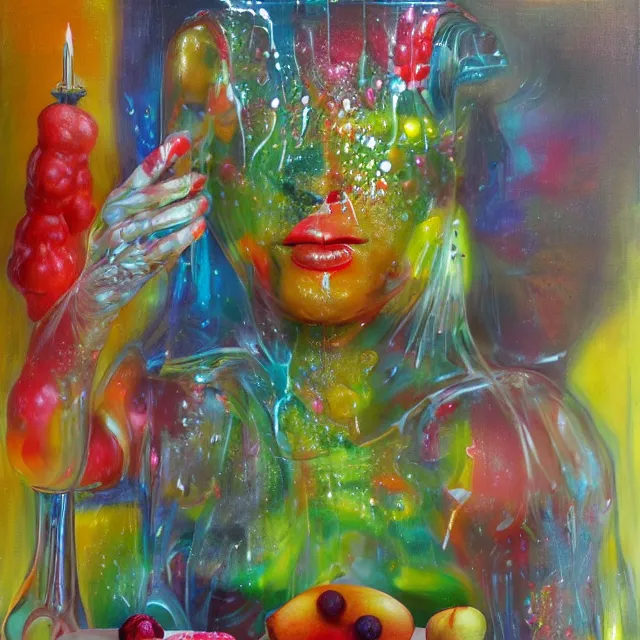 Prompt: portrait of a female humanoid, fresh fruit, squashed berries dripping, pig, scientific glassware, houseplant, art supplies, candles dripping wax, neoimpressionist, surrealism, acrylic and spray paint and oilstick on canvas