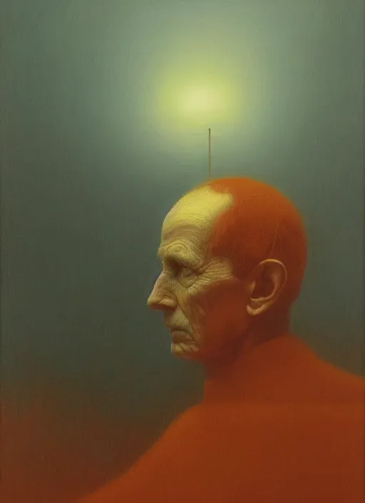 Prompt: lord lossl paints a self portrait, symmetric lights and fog, in the style of zdzislaw beksinski, glowing light and shadow, hyperrealist, 8 k