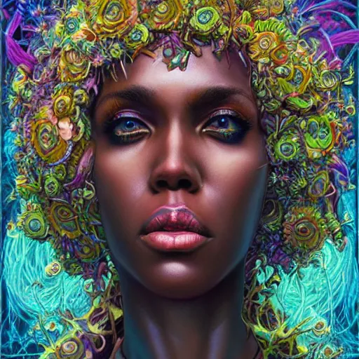 Prompt: portrait of dewanda wise, hyper detailed masterpiece, neon floral pattern, jean giraud, digital art painting, darkwave goth aesthetic, psychedelic, artgerm, donato giancola and tom bagshaw