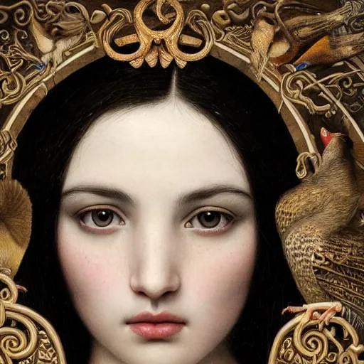 Prompt: highly detailed portrait of a beautiful cute girl with birds, endless black hair, with pale skin, fibonacci, fragile, sitted on an intricate stone throne by nicola samuri, by dino valls, m. w. kaluta, rule of thirds, seductive look, 4 k resolution