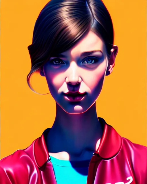 Image similar to hyper - realistic portrait of a pop art girl, dynamic wavy hair, perspective body anatomy, detailed designs, digital painting, 4 k, by ilya kuvshinov, by artgem, atmospheric lighting