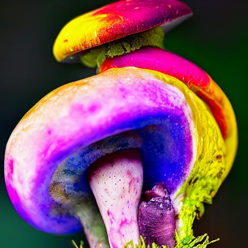 Prompt: a beautiful human male, from his skin colorful mushrooms grow with different shapes, photographed by andrew thomas huang