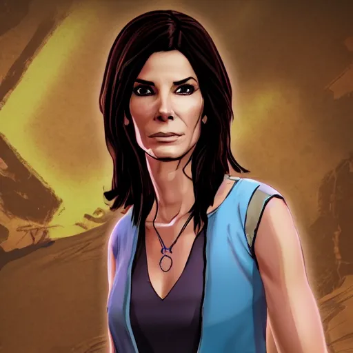 Prompt: sandra bullock portrait, borderlands, tales from the borderlands, the wolf among us, comic, cinematic lighting, studio quality, 8 k