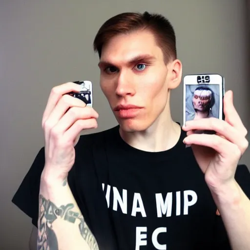 Image similar to A photograph of Jerma in the late 2000s with an emo haircut taking a selfie of himself in his new Interpol shirt, frowny face, taken in the late 2000s, taken on the iPhone 1, realistic, hyperrealistic, very realistic, highly detailed, very detailed, extremely detailed, detailed, oil painting, digital art, trending on artstation