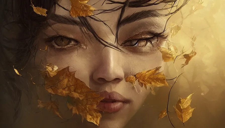 Image similar to golden leaves at frame border, creative!!! composition for a book cover!!!, absurdly beautiful, ultrafine hyperrealistic detailed old!! witch face by wlop and artgerm and greg rutkowski, intricate linework, sharp focus, smooth, octopath traveler, final fantasy, unreal engine, dramatic lighting, ethereal, 8 k