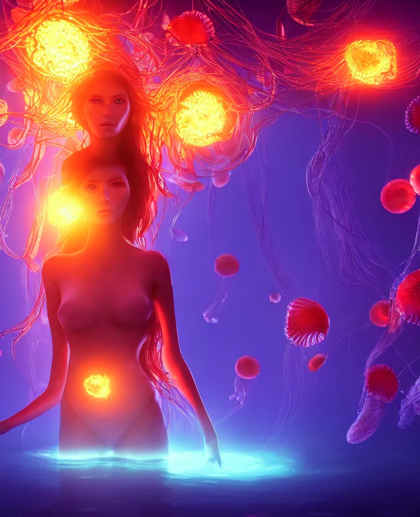 Image similar to close-up portrait of a beautiful girl floating in ethereum surrounded by floating jellyfish, energy flows of fire and water, flashes of plasma, 3d with depth of field, blurred background, a highly detailed epic cinematic concept art CG render. made in Maya, Blender and Photoshop, octane render, excellent composition, cinematic dystopian brutalist atmosphere, dynamic dramatic cinematic lighting, aesthetic, very inspirational, arthouse. y Greg Rutkowski, Ilya Kuvshinov, WLOP, Stanley Artgerm Lau, Ruan Jia and Fenghua Zhong