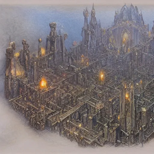 Prompt: an underground dwarven city, by john howe