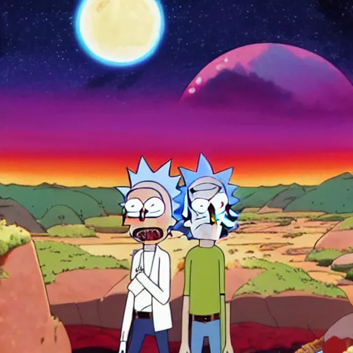 Image similar to Rick and Morty made by Hayao Miyazaki, studio ghibli artstyle, night, stars, beautiful scene, smooth, detailed, high detail,high quality, 8k anime