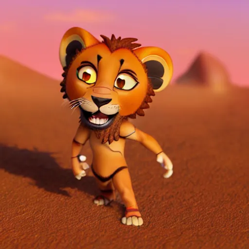 Prompt: antropomorphic lion warrior as nendoroid walking in a desert in the croods movie style, anime, disney, pixar, 8 k, hd, dof, kodak film, volumetric lighting, subsurface scattering, photorealistic, octane render, details