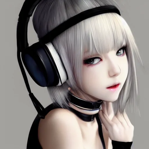 Image similar to realistic detailed semirealism beautiful gorgeous natural cute excited happy Blackpink Lalisa Manoban white hair white cat ears blue eyes, wearing black camisole outfit, headphones, black leather choker artwork drawn full HD 4K high resolution quality artstyle professional artists WLOP, Aztodio, Taejune Kim, Guweiz, Pixiv, Instagram, Artstation