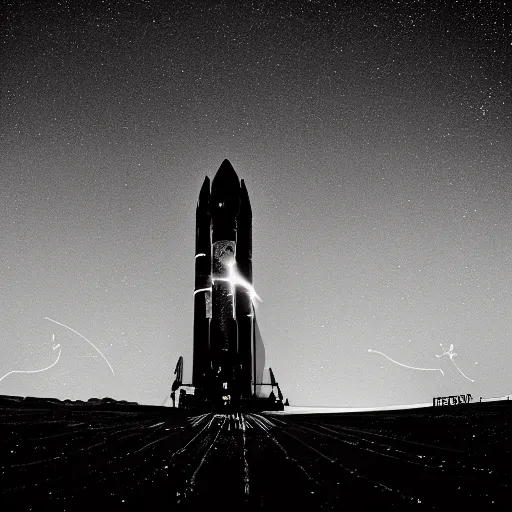 Image similar to black and white photo of a detailed rocket blasting off from mars, black background with glowing stars and satalites, cinematic film still, high contrast, astrophotography, polaroid,