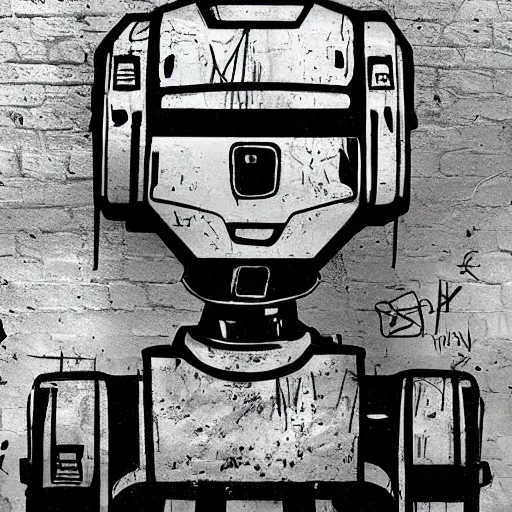 Prompt: chappie robot color graffiti, black and white zef design graffiti on the wall, dark lighting, digital art