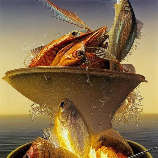 Prompt: surprised fish on a pile of fish in a cooking pot on fire, side view, by vladimir kush, dystopian art, rococo