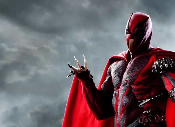 Image similar to film still of michael b jordan as spawn in the new spawn movie, giant chains, large cape, 8 k