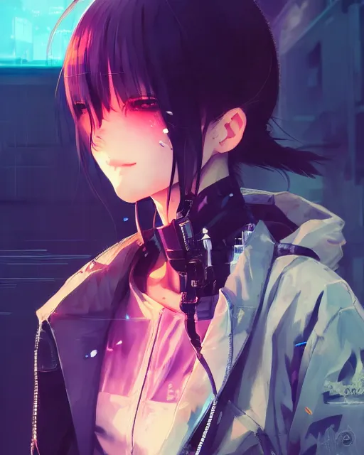 Image similar to kyoto animation, cool girl wearing cyberpunk intricate streetwear, beautiful, detailed portrait, cell shaded, 4 k, concept art, by wlop, ilya kuvshinov, artgerm, krenz cushart, greg rutkowski, pixiv. cinematic dramatic atmosphere, sharp focus, volumetric lighting, cinematic lighting, studio quality