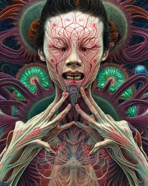 Prompt: realistic detailed image of the human spirit breaking away from the body, conjuring psychedelic background, part by takato yamamoto, part by alex gray, ross tran, james jean, ultra realistic, octane render, highly detailed, 8 k, trending on artstation, cosmic, symmetry, masterpiece