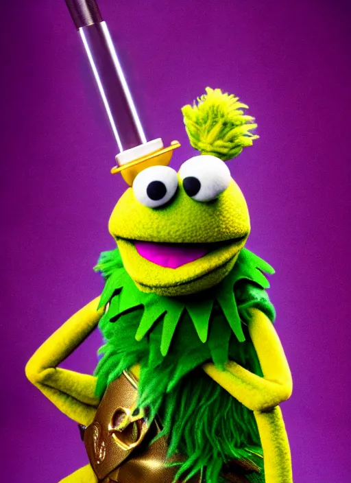 Image similar to studio portrait still of muppet!!!!! loki!!!!!! from avengers infinity war with scepter as a muppet muppet as a muppet, 8 k, studio lighting, key light,