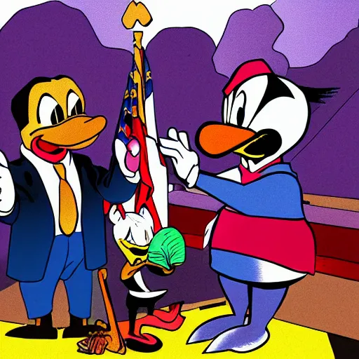 Prompt: martin luther king jr. and donald duck giving a speech in front of a huge audience, in a park. digital art