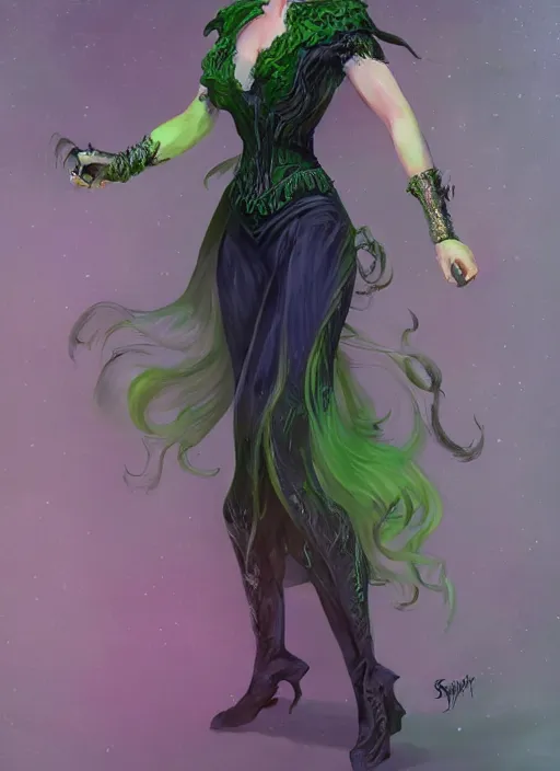 Image similar to beautiful female witch, rebecca romijn as wicked witch of the west, full body character concept, art nouveau, super powers, fantasy, intricate, elegant, highly detailed, digital painting, artstation, concept art, shining, sharp focus, illustration, art by stanley lau