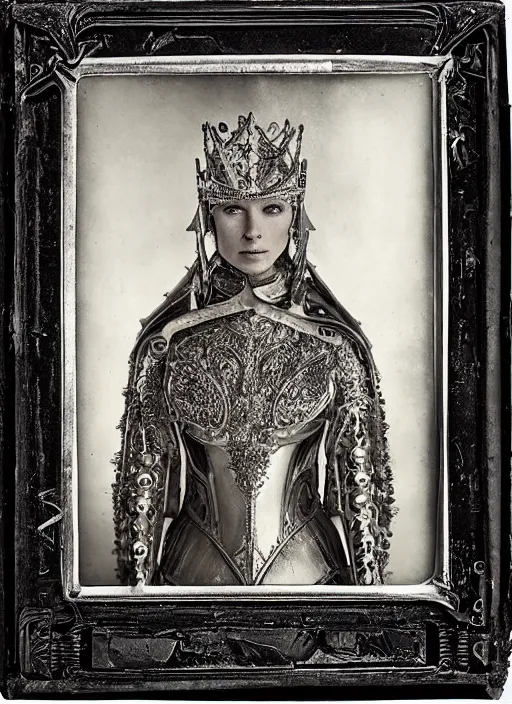 Image similar to old wetplate daguerreotype frame portrait of a futuristic silver armored pretty queen elisabeth emperor district 9 cyborg, fractal, intricate, elegant, highly detailed, subsurface scattering, by jheronimus bosch and greg rutkowski and louis jacques mande daguerre