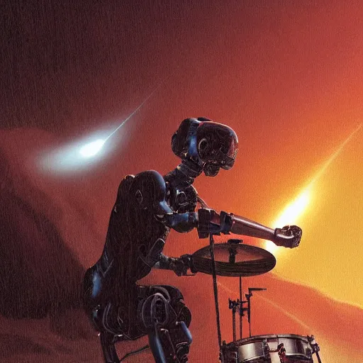 Image similar to UHD closeup of a Photorealistic Robot playing Drums during a wicked lightning storm on Mars, with a cool pose, by Antonio Caparo and Ferdinand Knab and Greg Rutkowski, UHD, photorealistic, trending on artstation, trending on deviantart