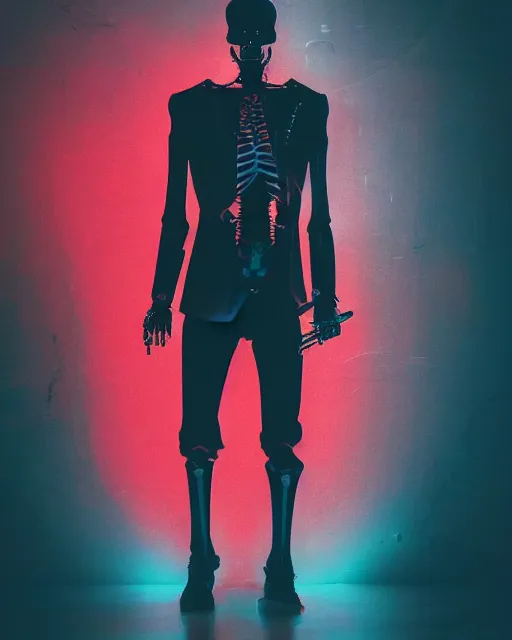 Image similar to dramatic cyberpunk portrait of a skeleton in a suit, red green blue color glow, atmospheric haze, intense shading, optic ripple, backlit, centered