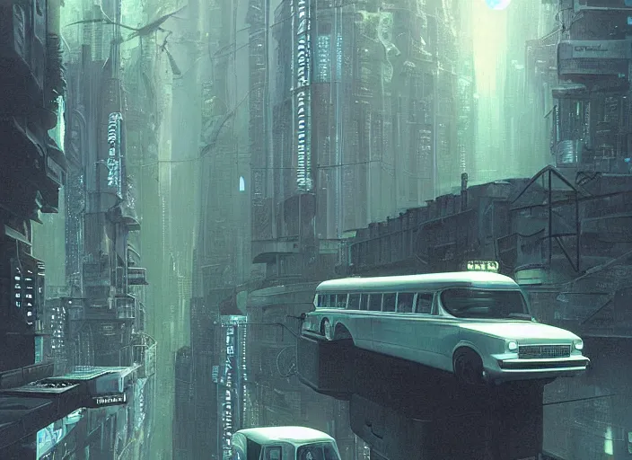 Prompt: a car bus driving down a street next to tall Forest-1 the night, cyberpunk art by Chesley Bonestell, cgsociety, retrofuturism, matte painting, reimagined by industrial light and magic
