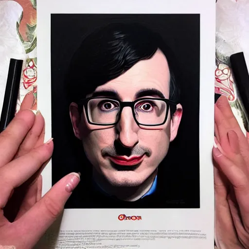 Image similar to photo booth, john oliver with adam driver, john oliver, adam driver, john oliver, stylized, centered, dark, smokey, fantasy, intricate, highly detailed, digital painting, deviant art, art by artgerm, art by greg rutkowski, art by alphonse mucha