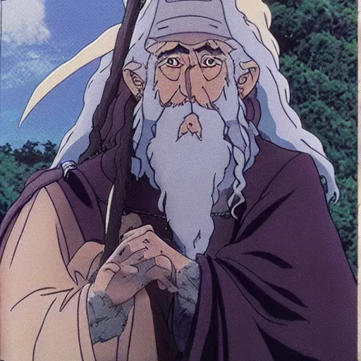 Image similar to gandalf from the anime lord of the rings (1986), studio ghibli, very detailed, hyperrealistic