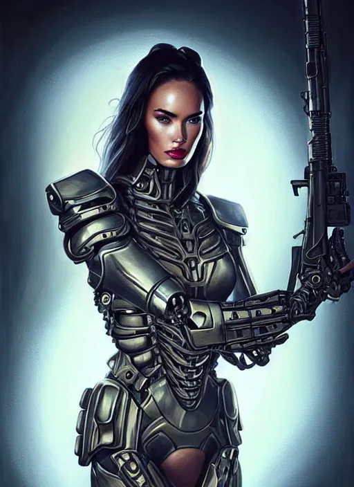 Prompt: portrait of a beautiful female soldier from the future wearing biomechanical armor, megan fox, carrying a rifle, intricate, elegant, glowing lights in armor, highly detailed, digital painting, artstation, glamor pose, concept art, smooth, sharp focus, illustration, epic angle, art by artgerm and greg rutkowski, artey freytag, alvin schwartz