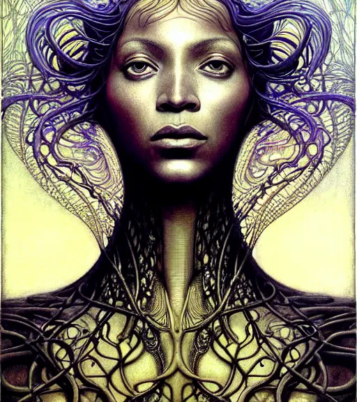 Image similar to detailed realistic beautiful young medieval alien robot beyonce face portrait by jean delville, gustave dore and marco mazzoni, art nouveau, symbolist, visionary, gothic, pre - raphaelite. horizontal symmetry by zdzisław beksinski, iris van herpen, raymond swanland and alphonse mucha. highly detailed, hyper - real, beautiful, fractal baroque