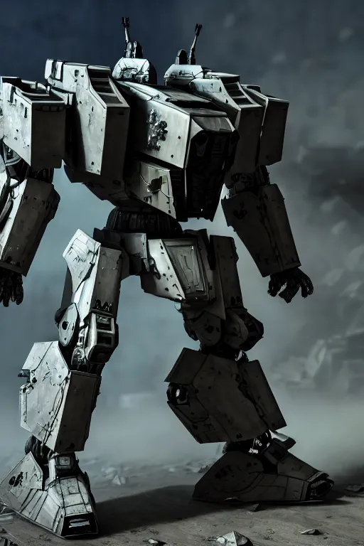 Image similar to hyper detailed 8 k cinematic still, rendering with volumetric lightning and ray tracing, show case of full body aggressive armored core, weathering armor plating, decipticon armor plating, aggressive head, endoekeleton exposure