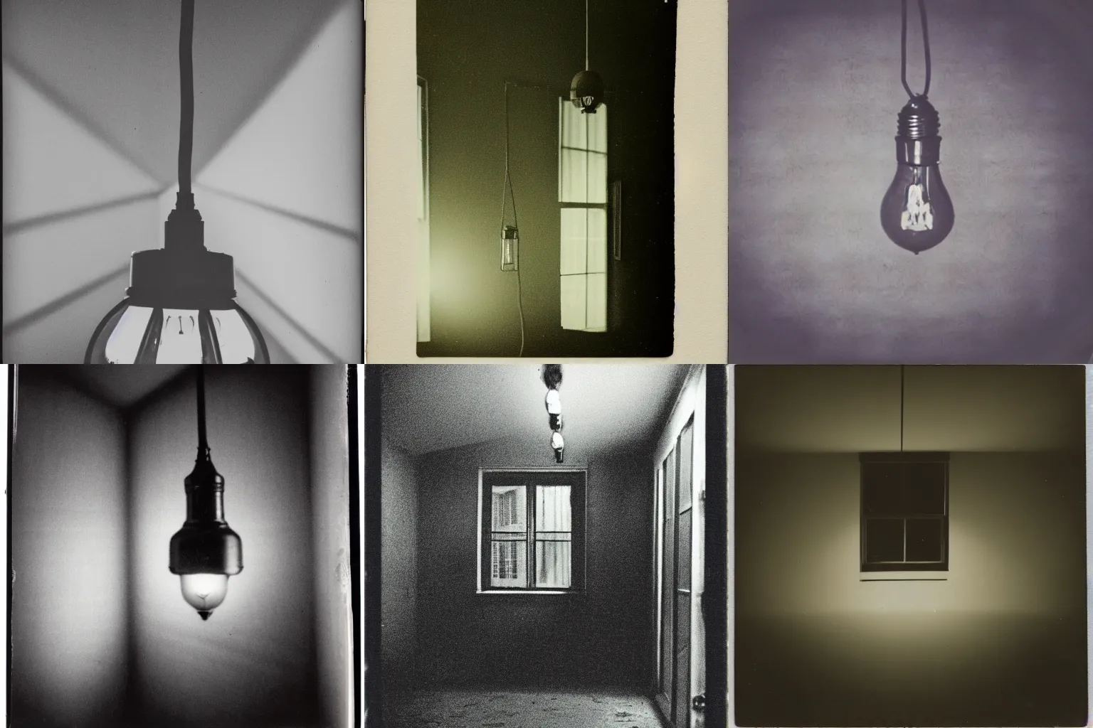 Prompt: a poloroid of an empty dark room with windows a bare lit lightbulb hangs from the celing, spooky, unnerving