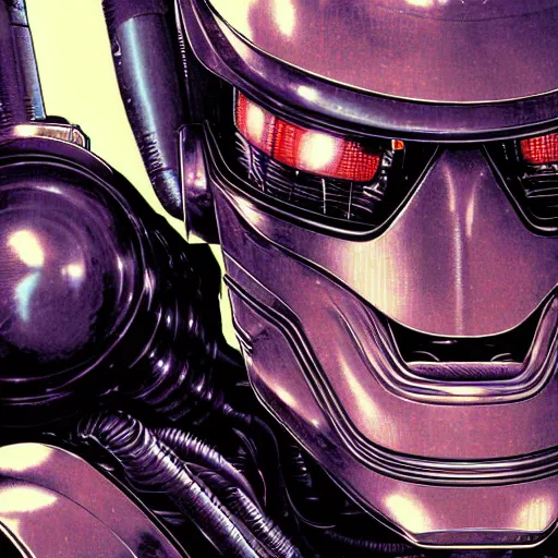 Image similar to portrait closeup of crazy robocop, symmetrical, cinematic colors, by yoichi hatakenaka, masamune shirow, josan gonzales and dan mumford, ayami kojima, takato yamamoto, barclay shaw, karol bak, yukito kishiro