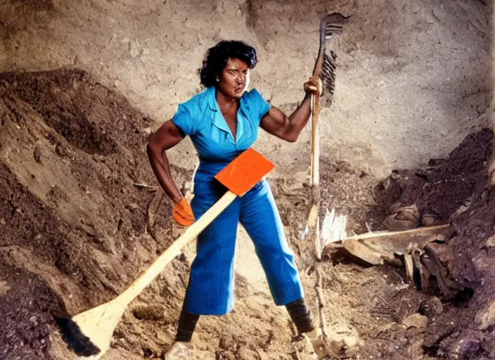 Prompt: 90's professional color photograph, A very muscular miner black woman in blue, short black hair, wielding a pickaxe in the mine.