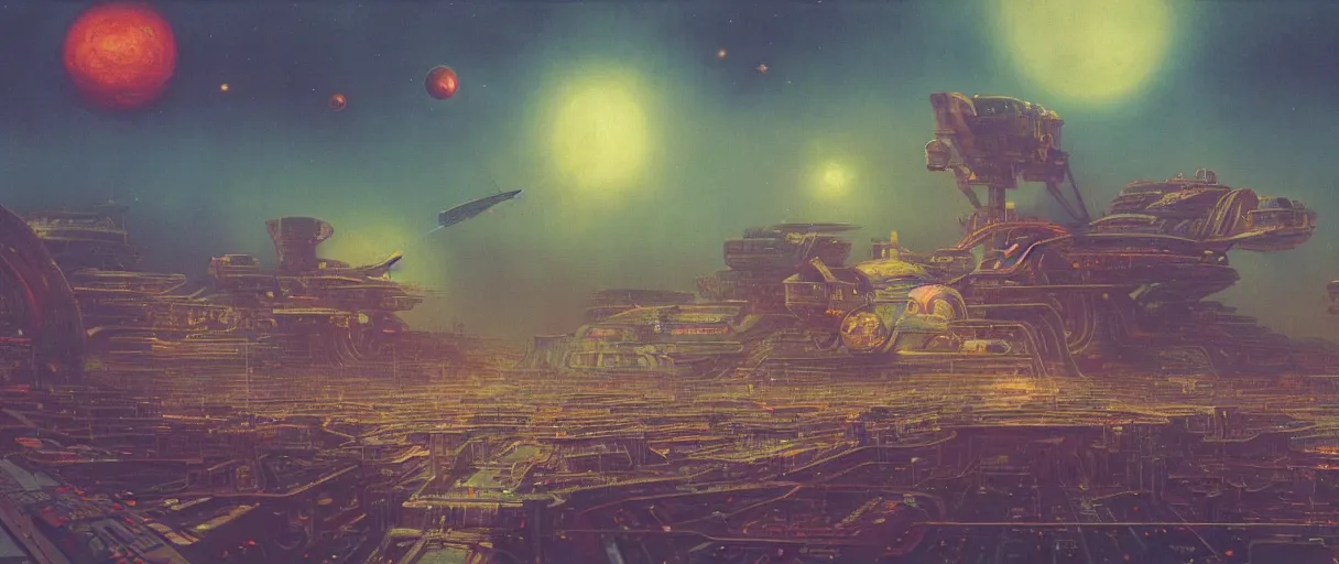 Image similar to a wide shot of a large distant hi-tech sci-fi spaceship from the outside, with a lot of bright color lights, bridges, turrets, pipes, orbiting a gas giant planet, beautiful, volumetric light, photography, color, intricate, extremely detailed, photorealistic, a painting by Beksinski