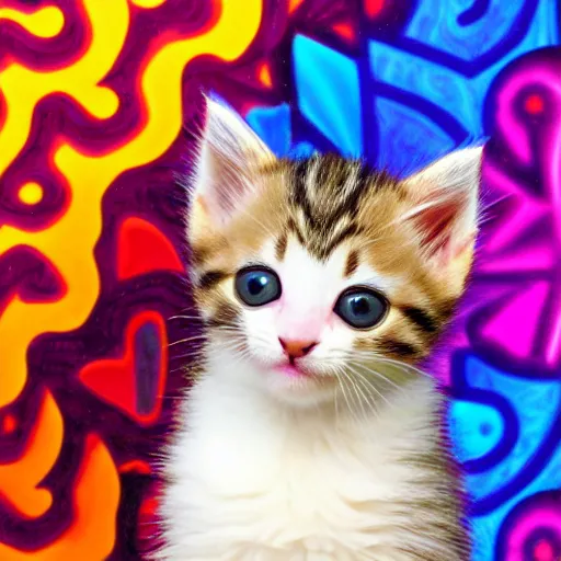 Prompt: a picture of an adorable kitten in front of a backdrop designed by Lisa Frank