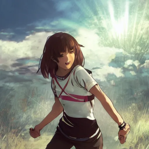Prompt: a girl is running, sport clothing, marathon event, anime style, brown short hair, hair down, symmetrical facial features, from arknights, hyper realistic, rule of thirds, extreme detail, detailed 4 k drawing, safebooru, realistic lighting, by alphonse mucha, greg rutkowski, sharp focus, backlit