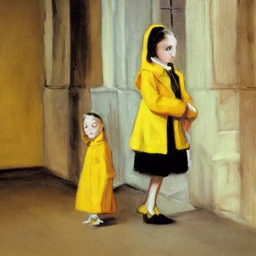 Image similar to a painting of a little girl with black hair and wearing a yellow coat in the middle of a cloister in an abbey by hopper